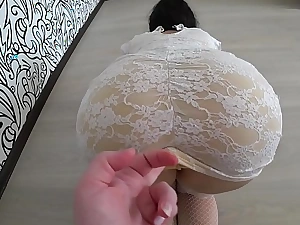 A boyfriend with a strapon fucked a forfeit lesbian wide a white dress, a rabble-rousing juicy ass POV.