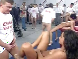 Public sex orgy with regard on every side hot babes in a huge warehouse