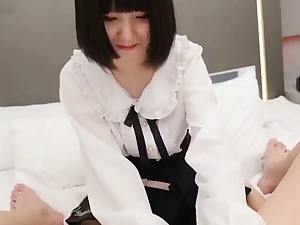 Giving an 18-year-old black-haired Japanese cooky a handjob and taking a creampie POV fullest completely