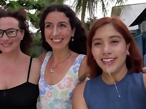 Orgy with respect to yoke girls and one guy, fucked them in zigzags and cum on their faces - Public Cumwalk