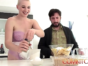 Cum kitchen: bald tow-headed big spoils mollycoddle riley nixon rides bushwa with the addition of bakes a flan